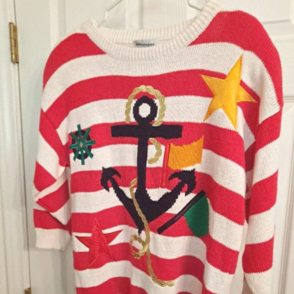 NOSWT VTG 80s Embroidered Nautical Sweater Deadstock Sz L Sailing Cruise Vacay
